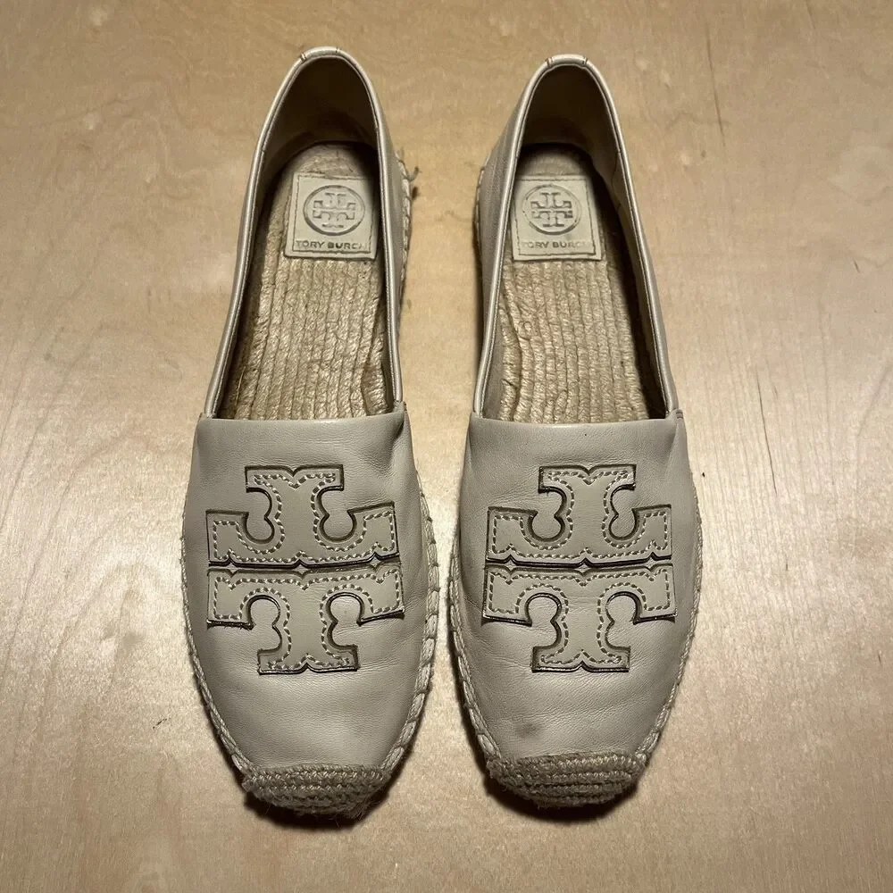 Tory Burch Women's Cream Leather Espadrille Flats Round Toe Slip-On Logo US 9